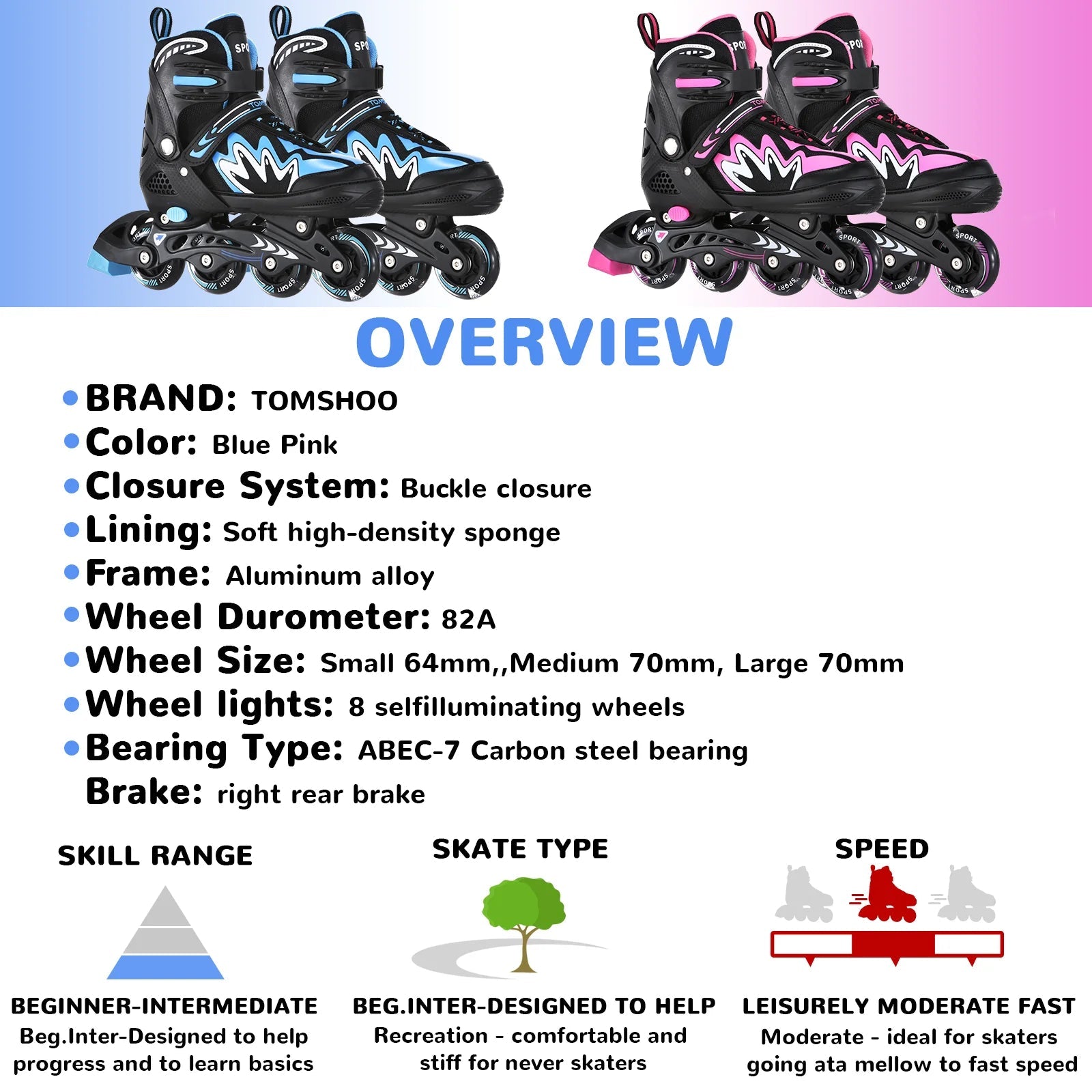 Kids adjustable roller blades with light-up wheels and secure triple closure system for boys and girls
